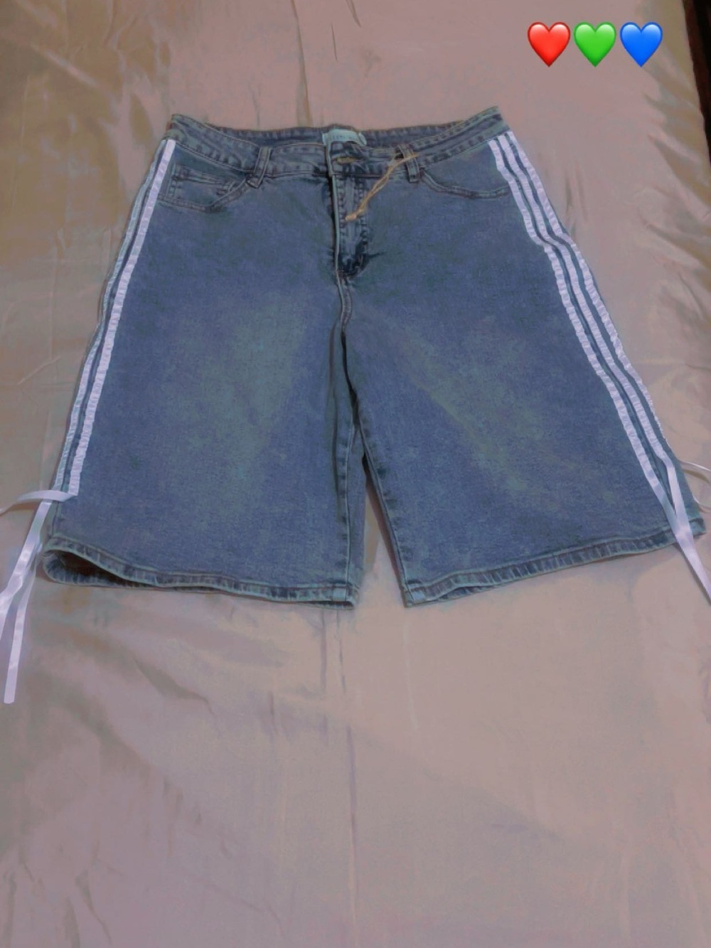 High-Waist Denim Shorts with Side Ribbon Stripes - Blue